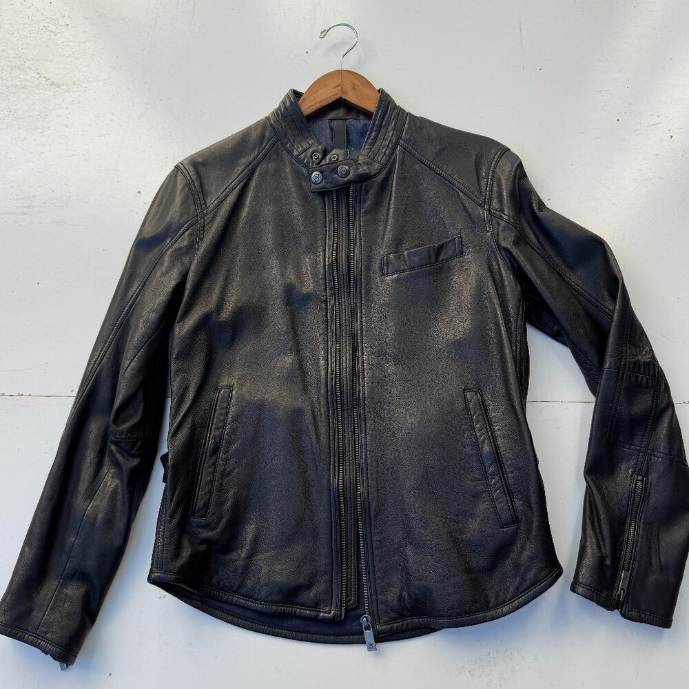 Massimo Dutti Carves Skin Leather Motorcycle Biker Jacket - Black - Size Medium
